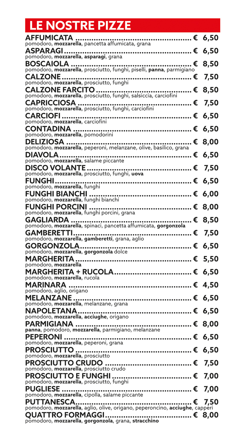 Listino pizze - Le Nostre Pizze